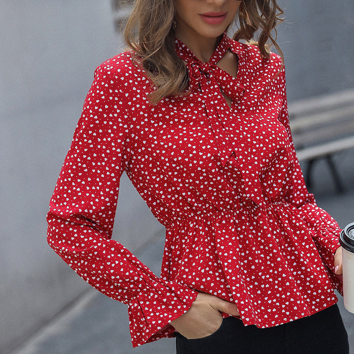 Spring Autumn Chiffon Lace Up Office Slim Fit Printed Pullover Red Chiffon Shirt