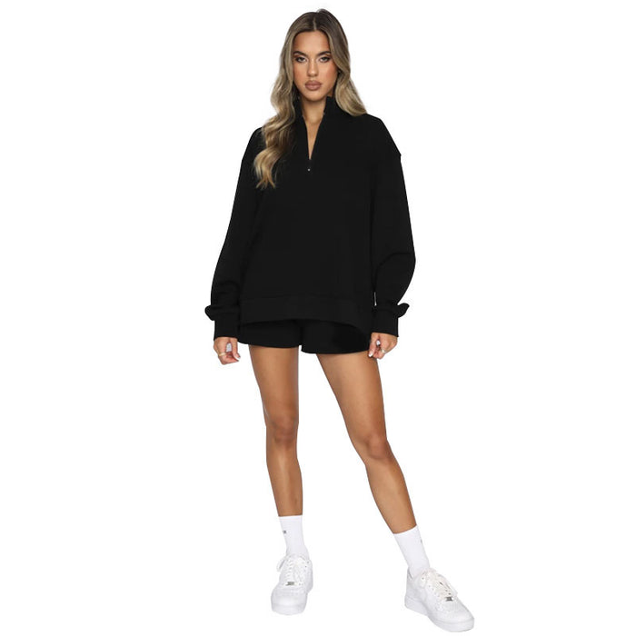 Autumn Winter Solid Color Stand Collar Zipper Pullover Long Sleeve Sweater Women Shorts Set