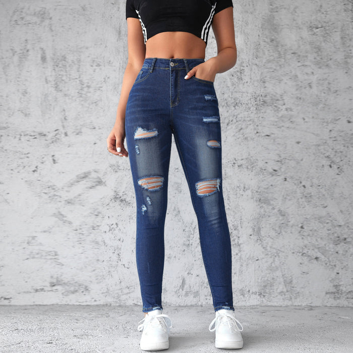 Stretch Ripped Jeans Women's Skinny Hip Raise High Waist Wash Trousers