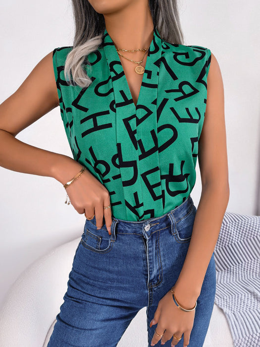 Spring Summer Casual Office Letter Graphic V Neck Chiffon Blouse Top Women Clothing