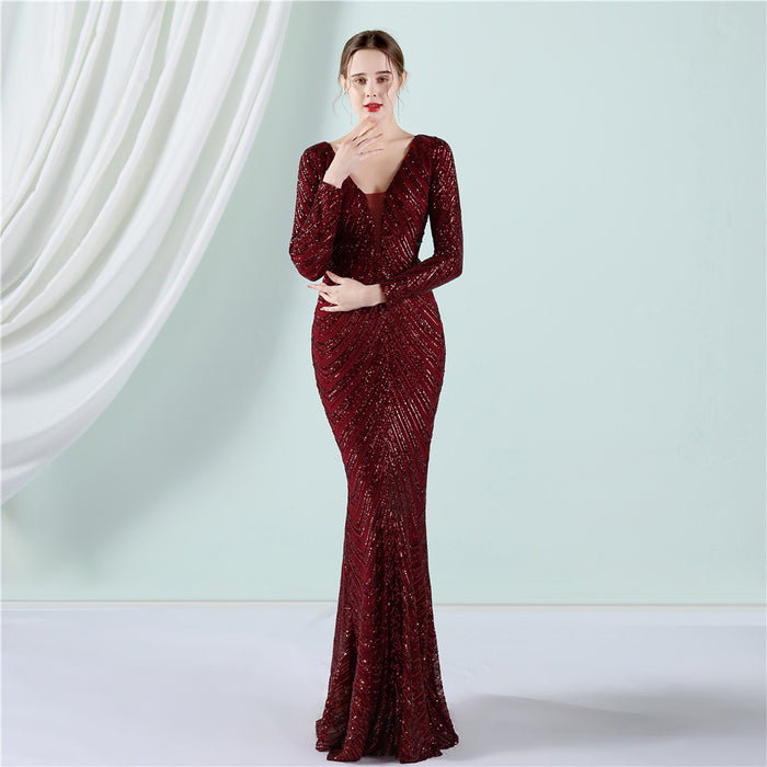 Positioning Floral Sequin Evening Dress Women Banquet Elegant Long Sleeve Sequined Queen Fishtail Dress