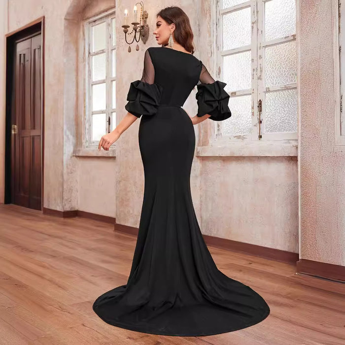 Women Simple Prom Evening Dress Crew Neck Long Sleeve Elegant Party Fishtail Dress Black Evening Dress