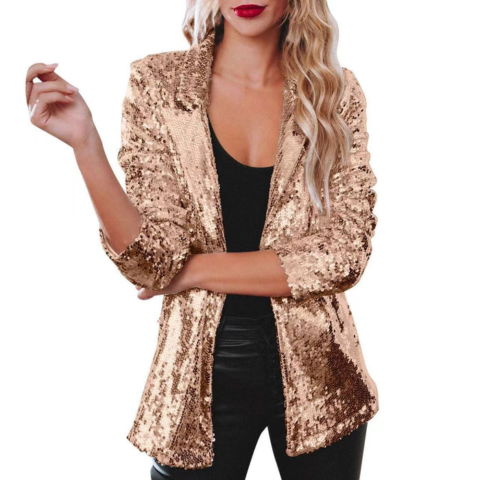 Casual Big Sequin Top Sequined Long Sleeve Office Collared Elegant Small Blazer