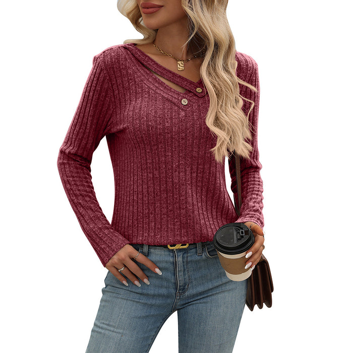 Women Clothing Autumn Winter Loose Casual V Neck Button Top Sunken Stripe T Shirt Women