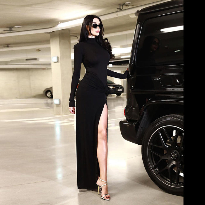 Women Clothing Long Sleeve Half Turtleneck Jumpsuit Sexy Pleated Split Skirt Slim Fit Sexy Set