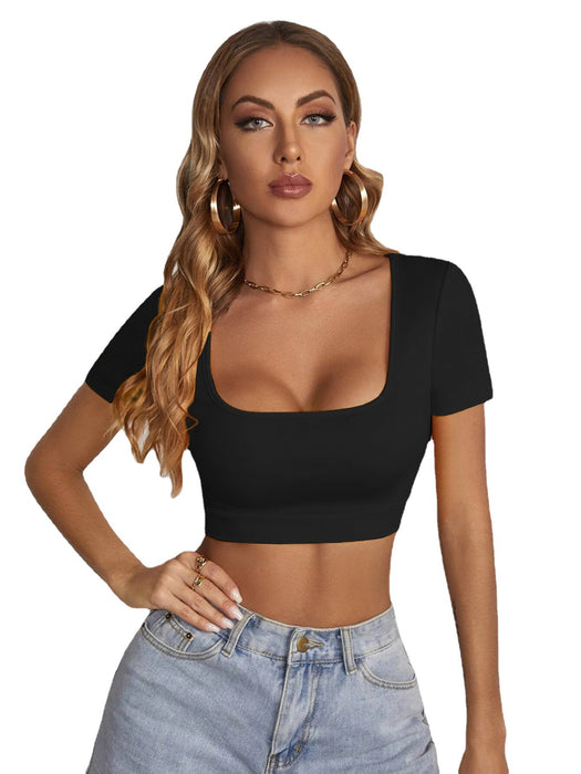 Women Clothing Summer New Square Collar cropped T-shirt Sexy Slim Street Short Sleeve