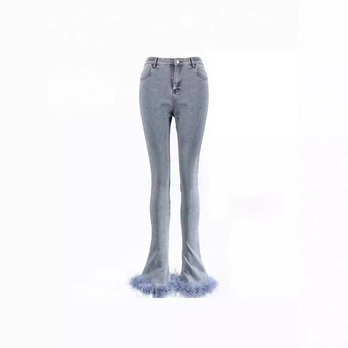 Niche Design Trousers Stretch Jeans Chic Stitching Ostrich Fur Fashionable Bell Bottom Pants Trendy