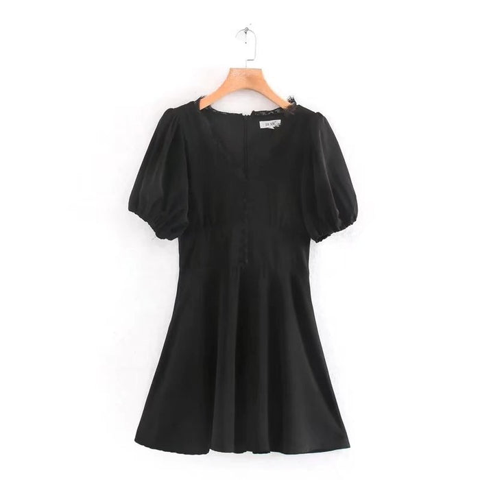 Puff Short Sleeve V-neck A- line High Waist Dress Lace Splicing Summer Women Clothing