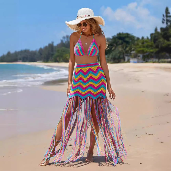 Women Clothing Sexy Hand Crocheted Wavy Tassel Beach Cover Up Skirt Set