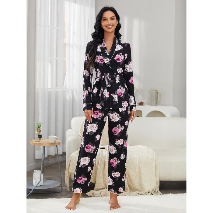 Women Autumn Winter Long Sleeves Nightgown Trousers Home Wear Two Piece Set Can Be Worn outside