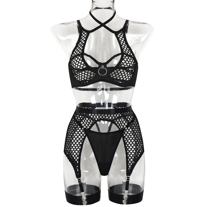 Sexy Underwear Metal Hollow Out Cutout Large Hole Mesh Bandage Sexy See Through Garter Four Piece Set