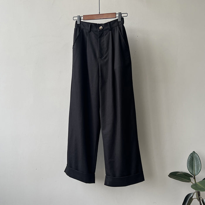 High Waist Wide Leg Casual Pants Women Autumn Tencel Cotton Loose Straight Leg Edged Pants