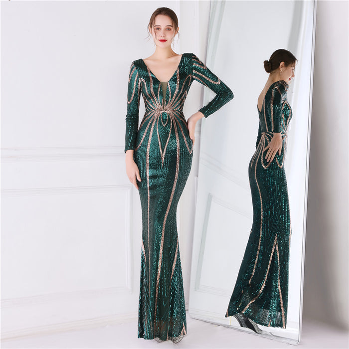 Positioning Floral Sequin Evening Dress Women Banquet Elegant Long Sleeve Sequined Queen Fishtail Dress