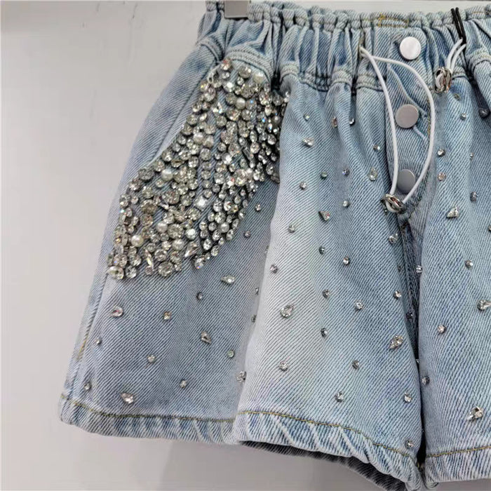 Heavy Industry Starry with Diamonds High Waist Slimming Wide Leg Denim Shorts Women Pants