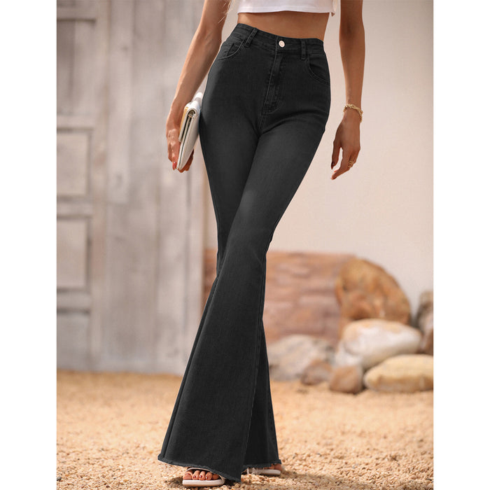 Women Clothing Slightly Flared Jeans Black Rough Edges Horseshoe Pants