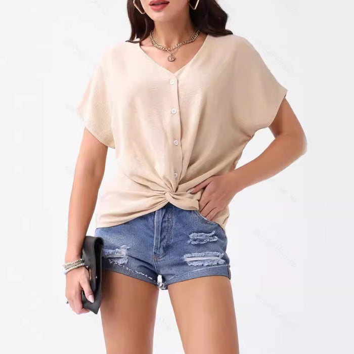 Summer Arrival Women Wear Irregular Asymmetric Hem Button Short Sleeve T shirt