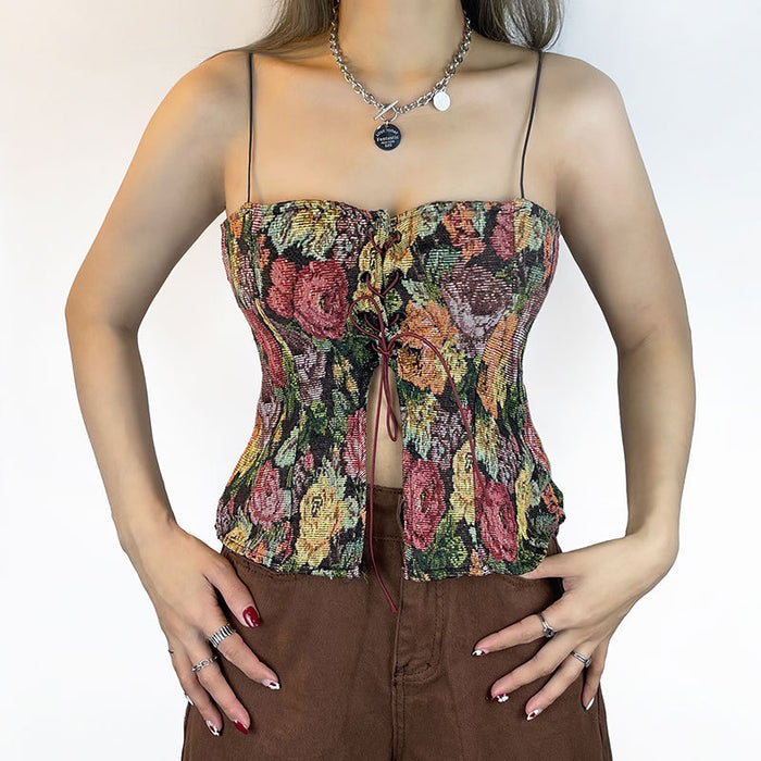 Spring Summer Floral Lace up Split Sling Vest Slimming Retro Printed Vest