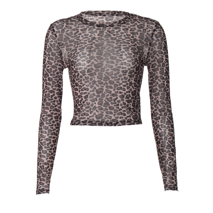 Women Clothing Summer Round Neck Long Sleeve Leopard Print Printed Mesh Sheer Long Sleeve T shirt Top