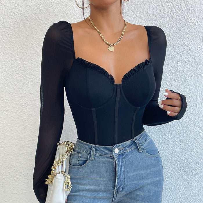 Popular Simple Sexy Deep V Plunge See through Steel Mesh Wooden Ear Slim Fit Long Sleeve Breathable Jumpsuit