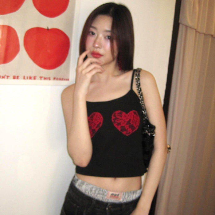 Niche Retro Heart Shaped Lace Short Stitching Spaghetti Straps Cropped Top Women Summer