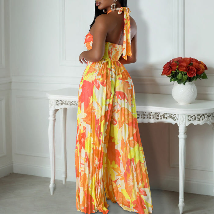 Summer Sexy Backless Print Lace Up Wide Leg African Jumpsuit