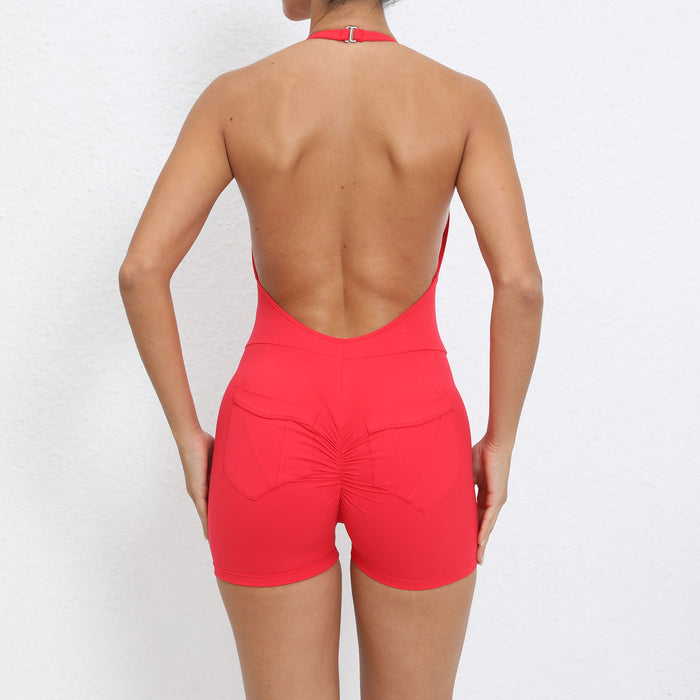 Halter Pocket Nude Feel Hip Lifting Beauty Back Yoga Jumpsuit Women Backless Fitness Sports Tight Jumpsuit