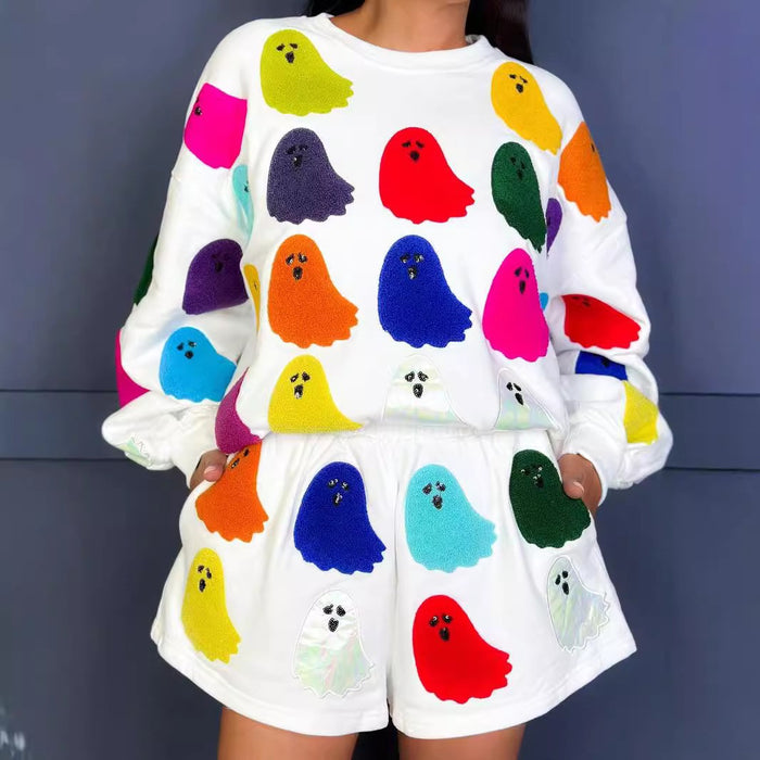 Women Halloween Print Ghost Printed Long Sleeved Top Shorts Set Holiday