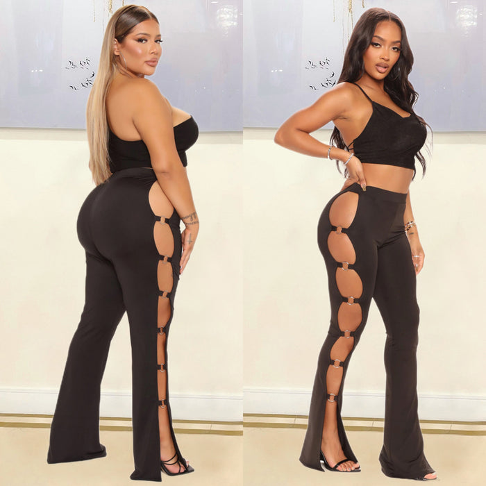 Summer Women Clothing Sexy Tight Sports Casual Hollow Out Cutout Bell Bottom Pants Trousers