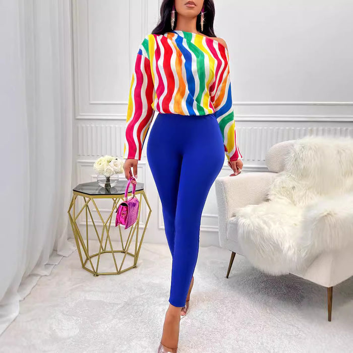 Spring Summer Women Clothing Rainbow Pants Suit