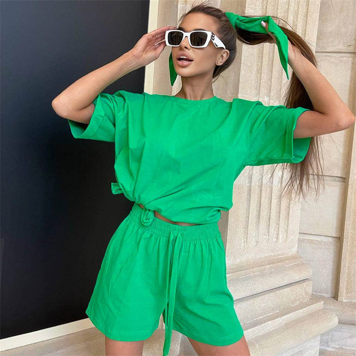 Summer Set Round Neck Short Sleeve T shirt Short Sweatpants Sports Casual Two Piece Set Women Wear With Headscarf