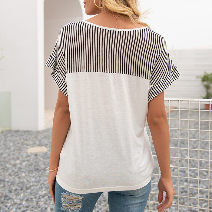 Summer Women Clothing Striped Stitching V neck Short Sleeve Loose T shirt Top Women