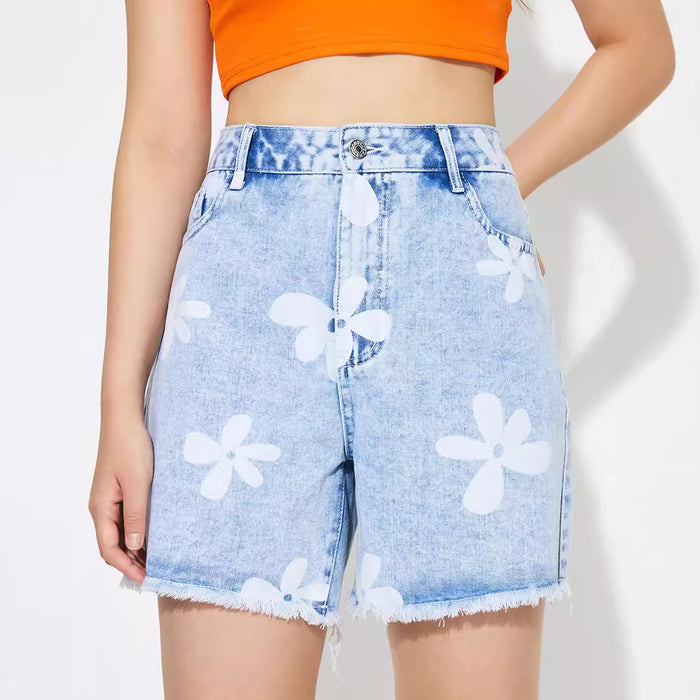 Women Clothing Loose Slimming Printed Jeans Shorts