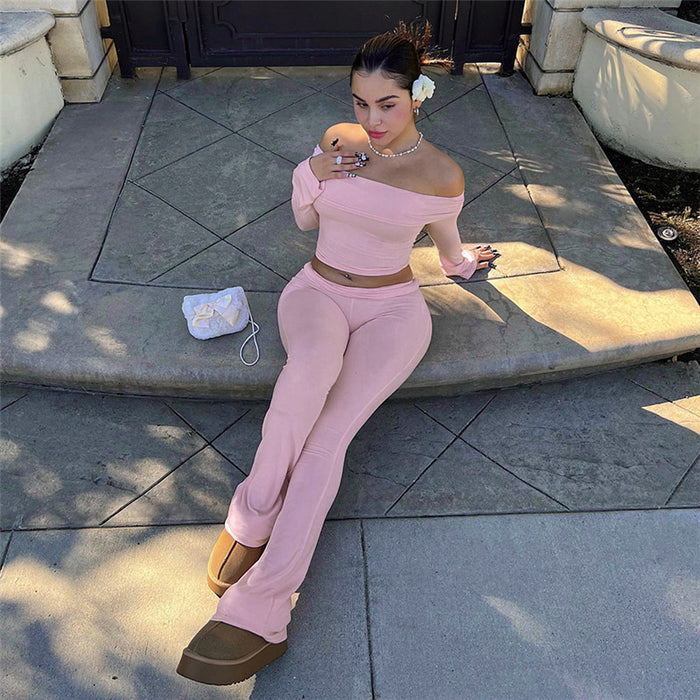 Casual Women Clothing Solid Color off-Shoulder Long Sleeve Sexy Short Top Flanging Tight Bootcut Pants Suit Spring Summer