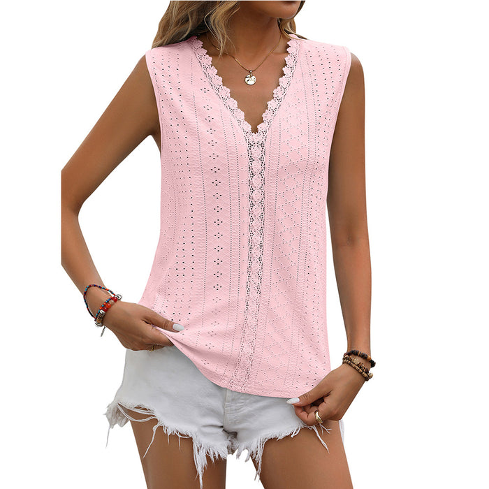 Summer Women Clothing Solid Color Hole Mesh V neck Sleeveless Vest