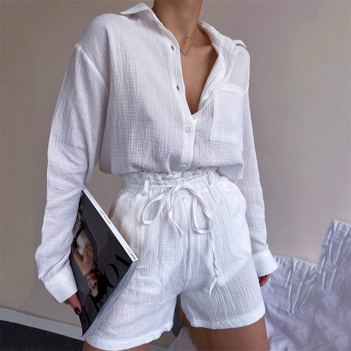 Women Clothing Suit Pure Cotton Summer Collared Long Sleeve Shirt High Waist Pocket Shorts Two Piece Set