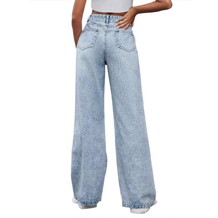 Casual Women Clothing Holes High Waist Wide Leg Pants Casual Denim Trousers Tide