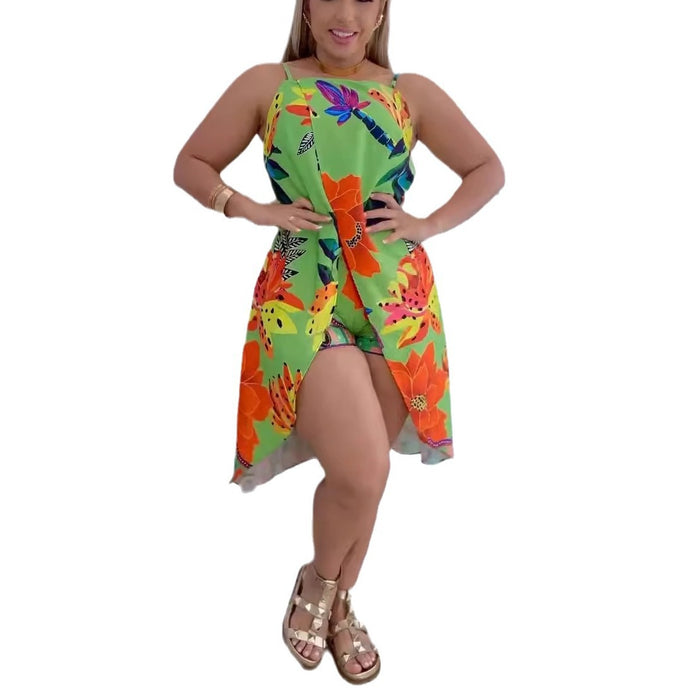 Sexy Printing Sleeveless Split Short Pantskirt Suit Two Piece Set