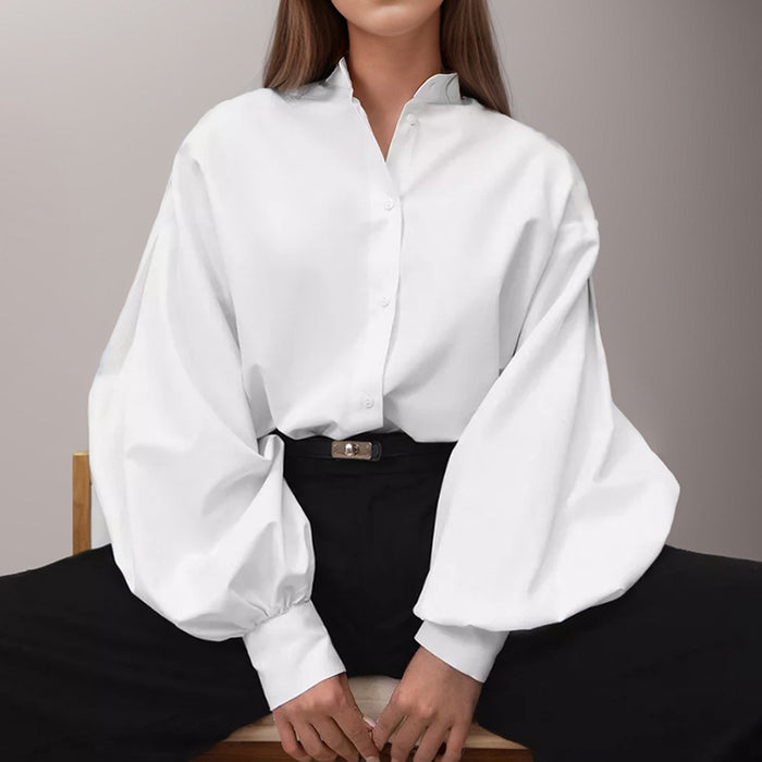 Spring Neutral Minimalist Wildberries Sexy Collared Lantern Sleeve Cardigan Shirt Women Clothing