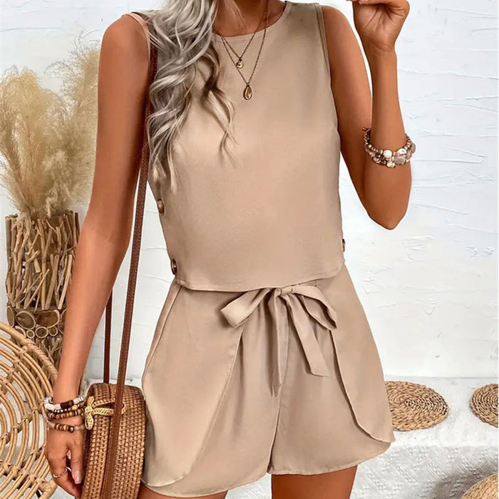 Women Solid Color Decorative Buttons Lotus Leaf Strap Bow Sleeveless Shorts Women Pants Suit Two Piece Set