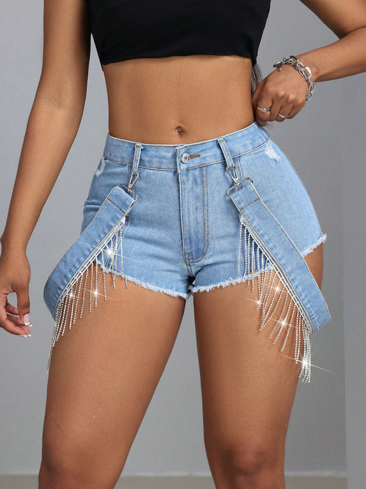 Women Clothing Slim Fit Tassel Lace Up Raw Hem Jeans Super Short Shorts