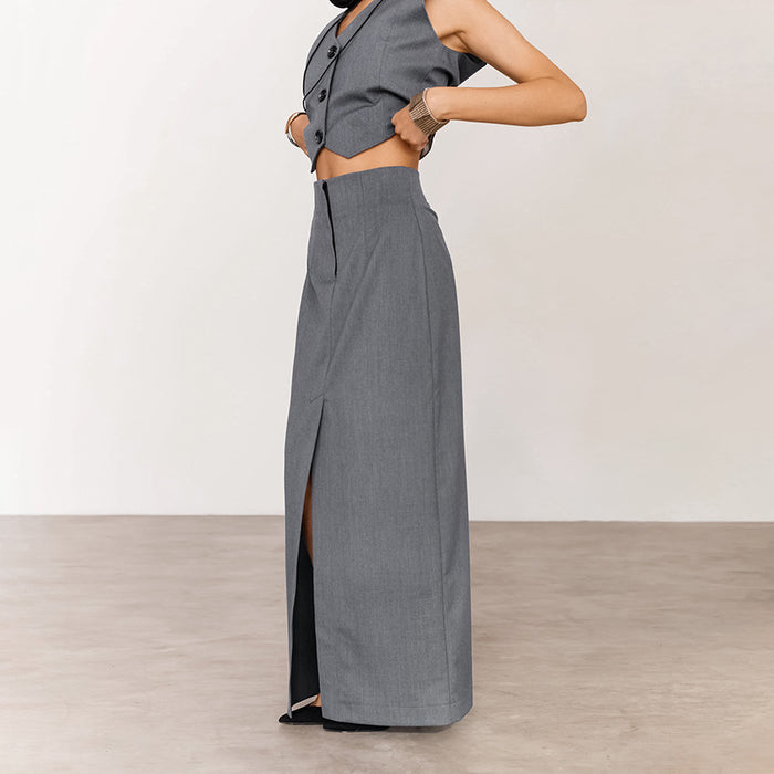 High Grade Gray Sleeveless Vest High Waist Slim Fit Slit Two Piece Summer Office Set Women