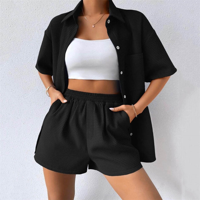 Summer Suit Women Women Loose Casual Short Sleeved Shirt Elastic Waist Shorts Two Piece Set Women