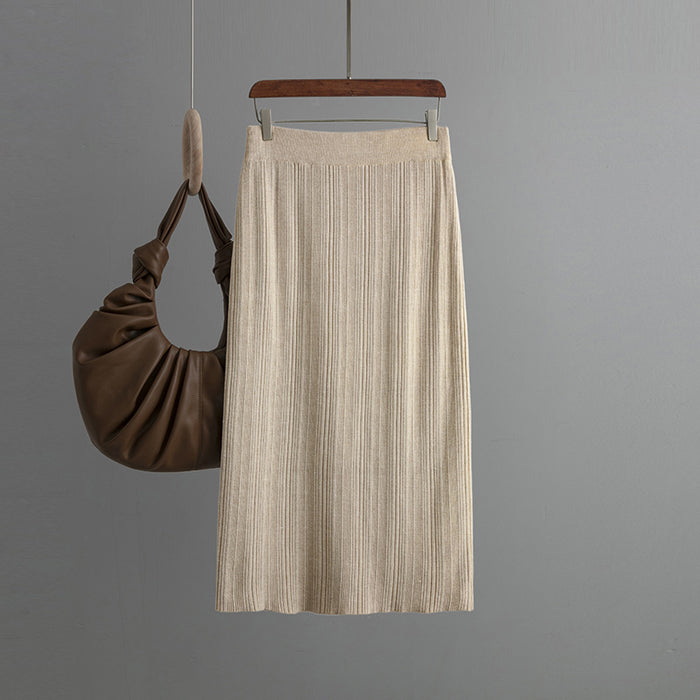 Back Slit Knitted Sunken Stripe Skirt Solid Color Elastic Waist Elastic Hip Elegant Slimming Wool Skirt Autumn