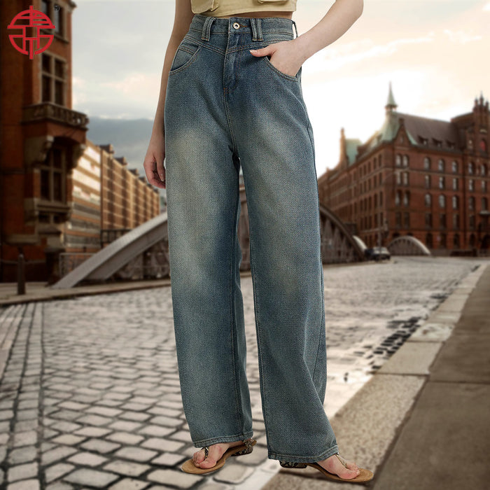 Starry Sky Pattern Retro Blue Wide Leg Pants Stitching Draping Mopping Pants Loose Casual Jeans Trousers for Women