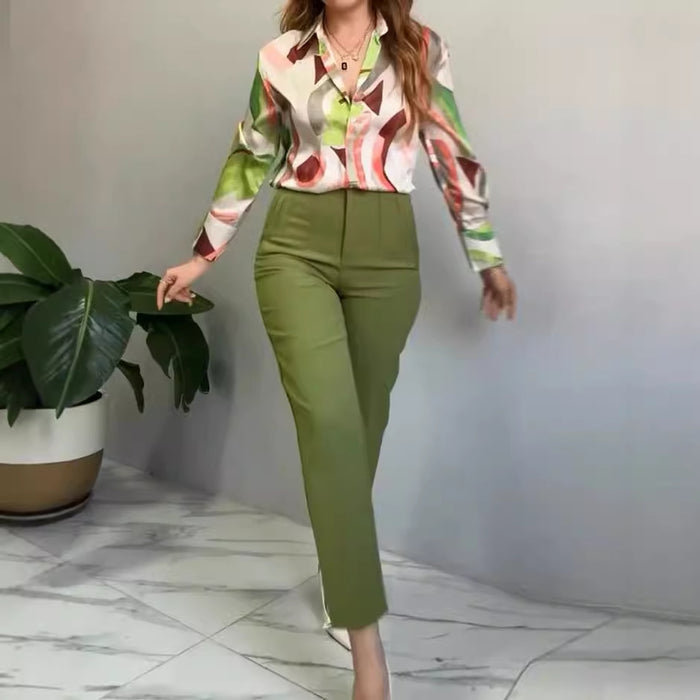 Casual Collared Print Casual Two Piece Suit