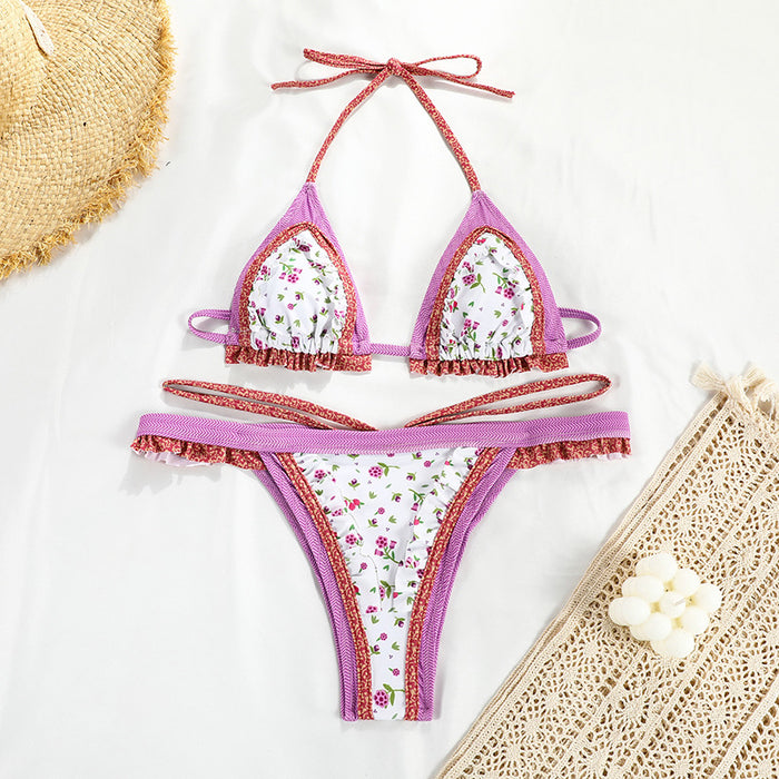 Strap Split Swimsuit Women Sexy Patchwork Backless Print Bikini