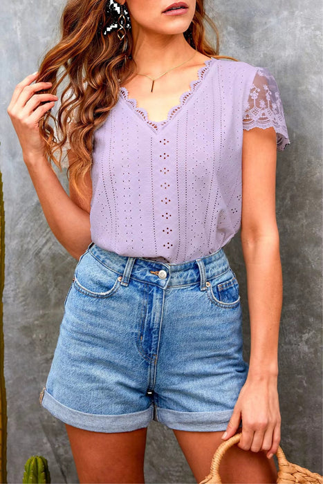 Spring Summer Lace Hollow Out Cutout out V-neck Casual Women T shirt