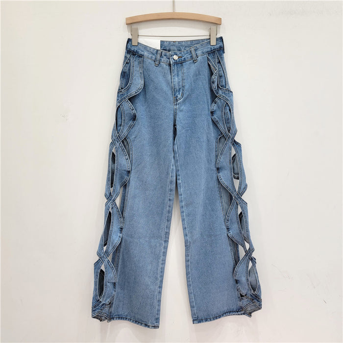 Jeans Trendy Sense of Design Denim Side Twist Braid Ripped Casual Straight Wide Leg Jeans for Women