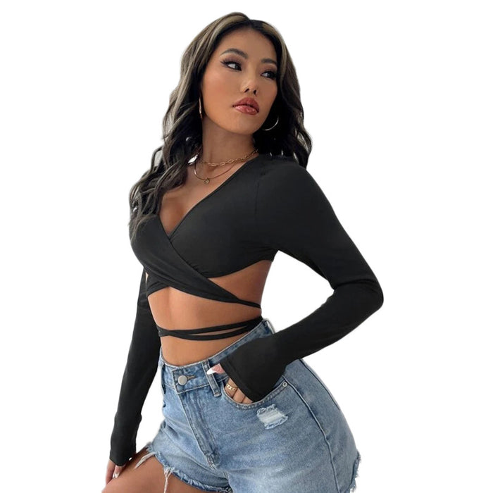 Summer Women Clothing Sexy V neck Lace up Crop Top Tight Fitting Long Sleeved Top for Women