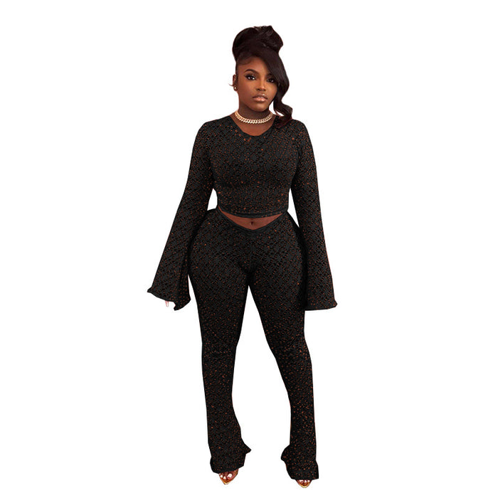 Women Clothing round Neck Long Sleeve Bell Bottom Pants Hollow Out Cutout Nightclub Sexy Two Piece Set